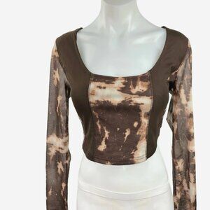 Pretty Garbage Women's Brown Tie Dye Long Sleeve Scoop Neck Cropped Blouse Top S